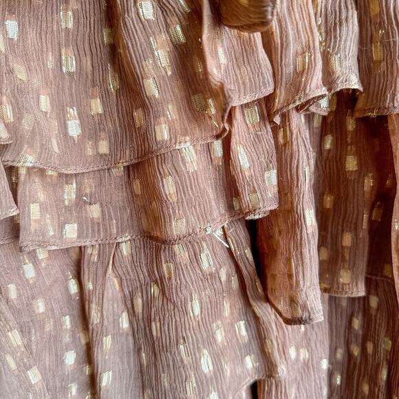 Rococo Sand Aine One Shoulder Mini Chiffon Ruffle Dress Tan Gold Small - Picture 9 of 14